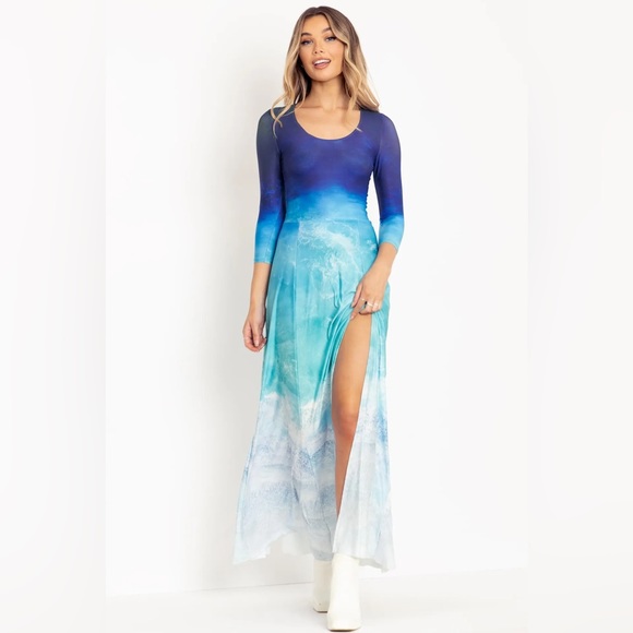 🌊OCEAN WAVES 3/4 SLEEVE SPLIT MAXI DRESS - LIMITED - Picture 4 of 9